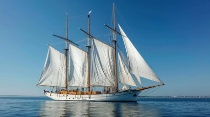 A majestic three-masted sailing ship gliding on calm waters under a clear blue sky.