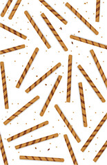 Crispy Chocolate flavored wafer roll background on white