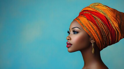 Elegant portrait of a woman in a vibrant red and gold headwrap against a soft blue background, ideal for Black History Month promotions, fashion campaigns, or empowerment themes.