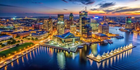 Obraz premium Stunning Aerial View of City Skyline at Dusk with Colorful Lights