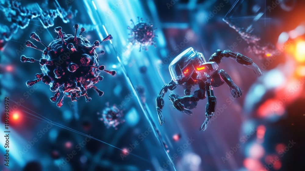 Fototapete robots actively neutralizing viruses in a futuristic scientific environment. generative ai