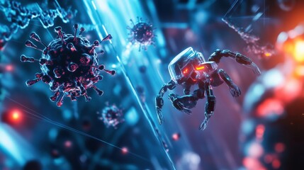 Robots actively neutralizing viruses in a futuristic scientific environment. Generative AI