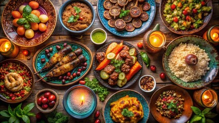 Fototapeta premium Colorful Feast of Diverse Cuisines with Garnishes and Table Decor