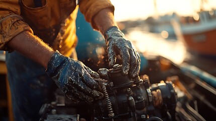 A close-up of a boat mechanic adjusting the bolts of a motor, hands covered in grease, with the blurred background of a harbor, vibrant sunlight reflecting off the calm sea,