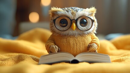 Cute owl wearing glasses and sweater reads book on yellow blanket.
