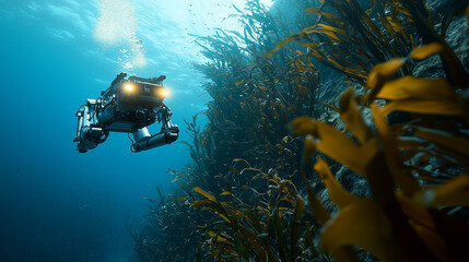 An underwater robot navigating through a dense kelp forest, with its lights creating a surreal underwater scene