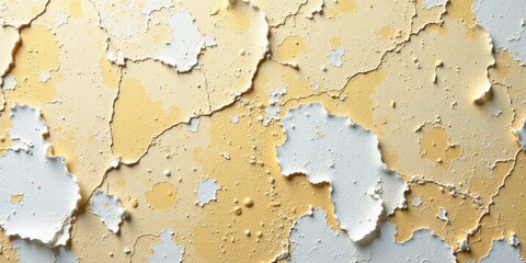 Fototapeta premium Abstract Texture of Flaking Paint on a Wall, Showing Cracks and Aged Surface, Pastel Yellow and White Hues