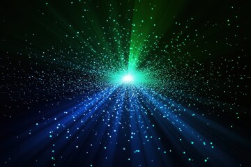 Naklejka premium Blue-green energy burst radiating from light source, dark background, digital art, website design