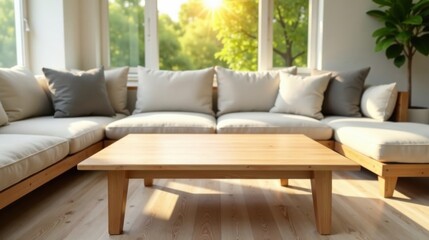 Obraz premium Sunlight streams through a window illuminating a minimalist living room with a low wooden coffee table and a comfortable sectional sofa
