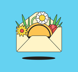 Colorful hand-drawn cartoon envelope bursting with flowers and a sun, ideal for cheerful greeting cards and seasonal illustrations