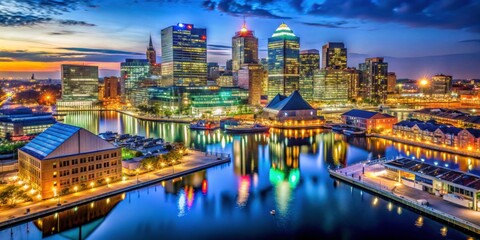 Obraz premium Vibrant City Skyline Reflected in Calm Water at Dusk