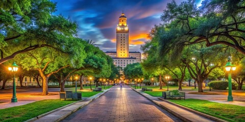 Fototapeta premium Sunset Over Historic Building Surrounded by Lush Green Trees