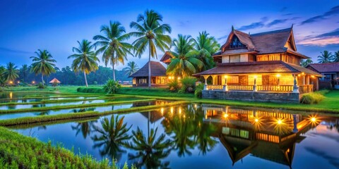 Naklejka premium Serene Landscape of Traditional Houses Beside Calm Rice Fields at Dusk