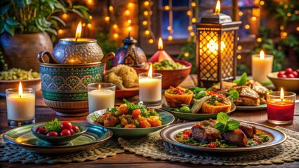 Naklejka premium Exquisite Feast with Candles and Traditional Dishes in Warm Atmosphere