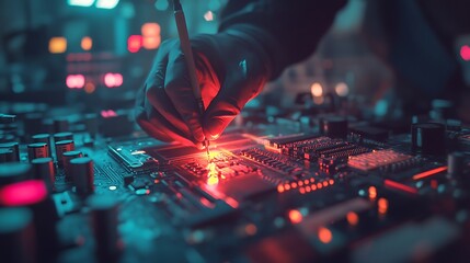A modern electronics lab with a technician soldering a circuit board, colorful LED lights reflecting off the metallic components, sharp focus on the intricate soldering work,
