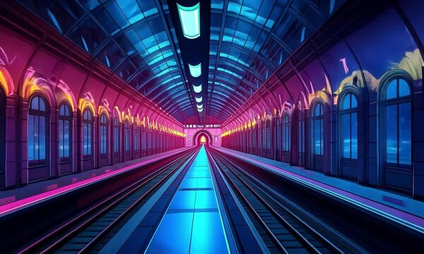 Abstract subway station interior with glowing neon lights, colorful wall patterns, and futuristic perspective creating a vibrant urban atmosphere illustration cartoon with ai generated.