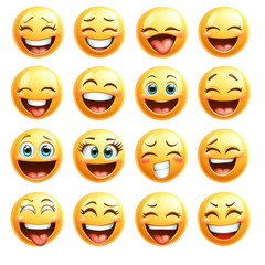 Happy emojis expressing various emotions like joy, laughter, and playfulness. These symbols convey feelings of happiness, excitement, and fun, perfect for enhancing communication