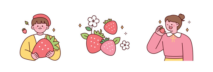 Cute boy and girl holding strawberries. Giant strawberry and delicious strawberry. Strawberry decoration design.