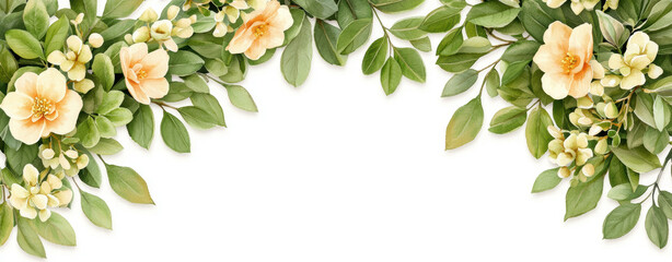 Fototapeta premium Pastel Watercolor Border Frame, A floral border featuring soft yellow flowers and lush green leaves, perfect for invitations or decorative designs.