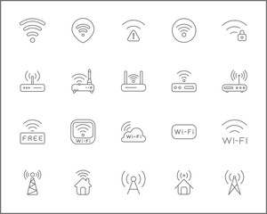 Signal And Wireless Technology Icon Set. Vector collection of basic, infographic, wifi, internet, connection, wifi free, network and smartphone elements symbols or logo element.