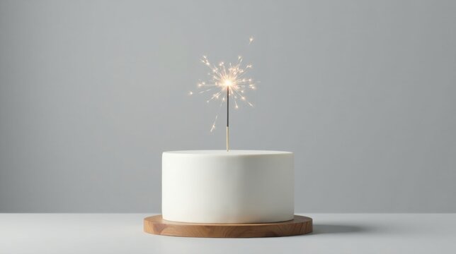 A single celebratory sparkler atop a plain white cake on a wooden stand against a neutral backdrop