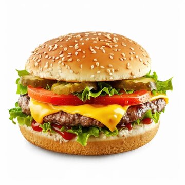 A classic cheeseburger with lettuce, tomato, and pickles on a sesame seed bun