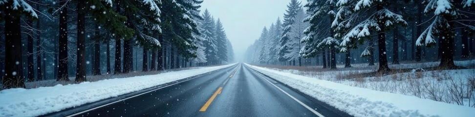 Fototapeta premium Forest road stretches into the distance with snowflakes falling gently, evergreen forest, cold climate