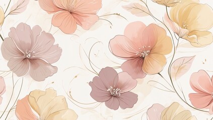 Delicate floral illustration featuring beige tones and pastel blossoms. Artistic botanical design creating a serene and stylish background