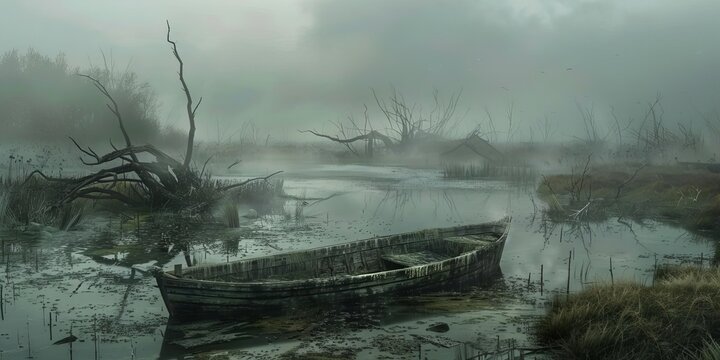 A misty, eerie landscape featuring a decaying boat in a foggy swamp with dead trees.