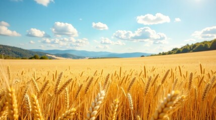 Naklejka premium Golden Wheat Field Under a Summer Sky, Rolling Hills in the Distance