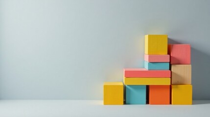 Obraz premium Pastel-colored blocks arranged in an ascending pattern against a light-blue backdrop, creating a visually appealing and balanced composition of geometric shapes.