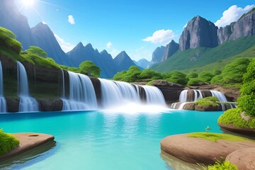 Fototapeta premium Beautiful and Peaceful Nature Scenery Illustration Landscape Countryside Tranquil Vibrant and Colorful