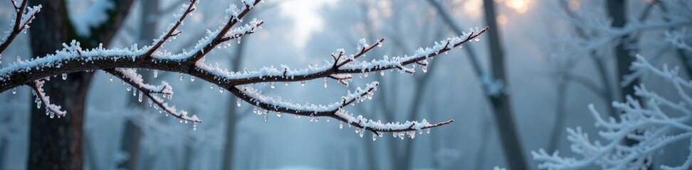 Obraz premium Icy crystals cling to the branches of bare tree limbs in a frosty winter forest landscape, trees, branch