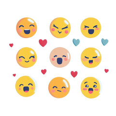 Fototapeta premium Happy and expressive emoji symbols showcasing various emotions like joy, surprise, and love, surrounded by hearts, perfect for conveying feelings in digital communication