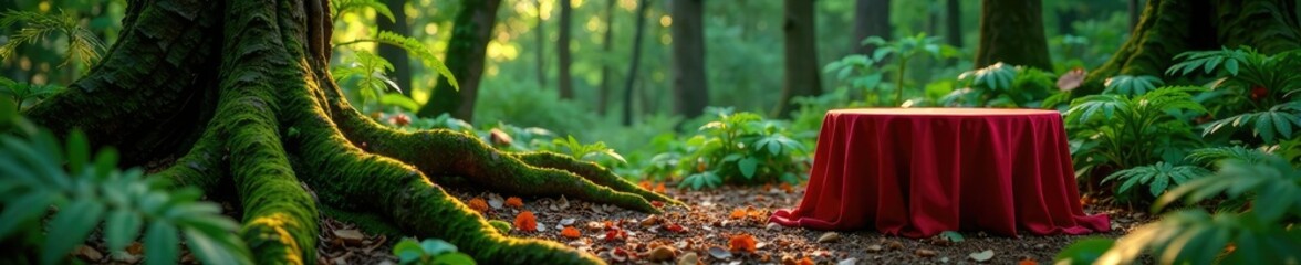 Fototapeta premium Lush forest floor with a wooden table and red tablecloth, earthy tones, ferns, tree roots
