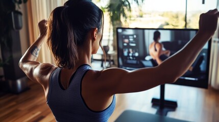 A fitness influencer leading an online workout session from home, Virtual fitness scene, Motivational style