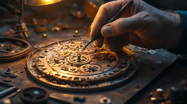 A repairman using tweezers to place a tiny gear into a clockwork assembly, the antique clock resting on a worn leather mat, warm glow from a desk lamp illuminating the intricate parts,
