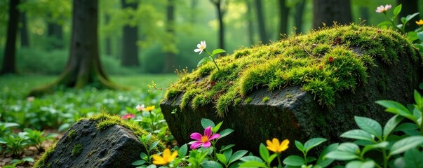 Moss covered boulder with ferns and wildflowers, natural, forest, earthy