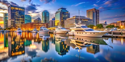Obraz premium Scenic City Marina with Luxury Yachts and Vibrant Sunset Reflections
