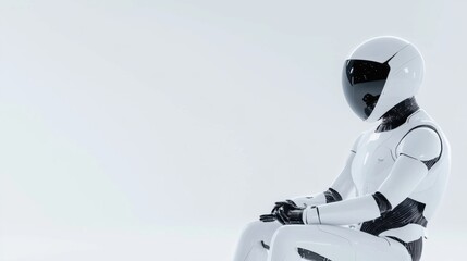 Fototapeta premium Futuristic humanoid robot sitting against a minimalist background, showcasing advanced design and technology in a sleek, modern aesthetic perfect for innovation themes