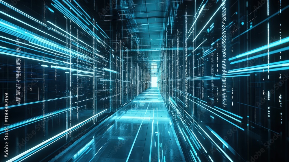Poster Abstract digital data stream in a futuristic server room with glowing blue lines and light streaks, creating a dynamic technology background concept. Ideal for tech, innovation, and data themes