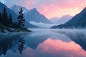 Peaceful watercolours of misty mountain lake at dawn, reflection, dawn