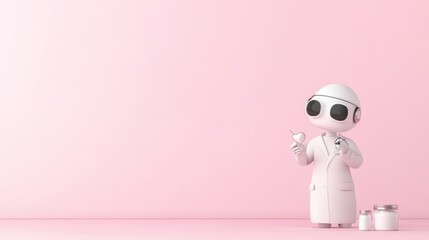 Cute cartoon robot in white lab coat holding tools, standing against soft pink background, ideal for technology, innovation, and healthcare themes in creative projects