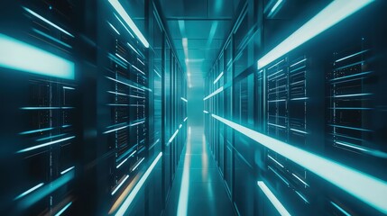 Obraz premium 3D rendering of an abstract futuristic server room with blurred light streaks, conveying big data, cloud computing, and cybersecurity technology. Ideal for innovation and tech themes
