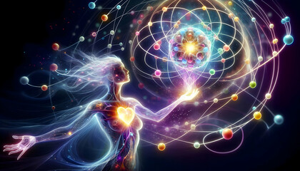 Atom A luminous, ethereal figure reaching towards a large, colorful atomic structure The figure, composed1