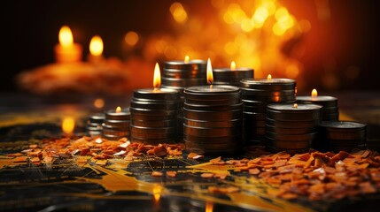 Burning stacked metal discs and orange fragments on map surface in warm glowing ambiance