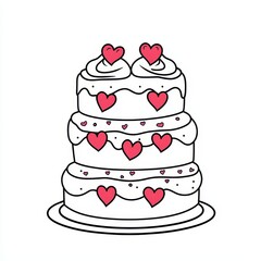 Whimsical Cartoon Style Cake Illustration with Hearts Perfect for Coloring Pages and Celebrations