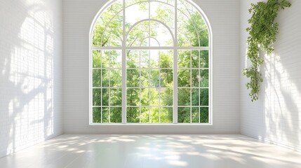 Fototapeta premium Bright Room With Arch Window and Green Trees