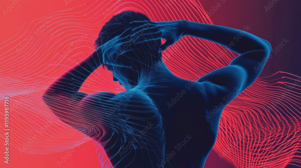Aufkleber Individual experiences discomfort, grasping head and back amid abstract waves and sharp shapes that suggest pain. Generative AI