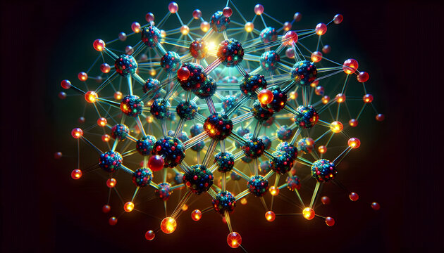 Atom A highly detailed molecular structure with spherical atoms in vibrant colors, connected by glowing r2